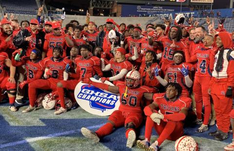 Members of the Brooks County Trojans football team celebrate their victory in the 2021 GHSA 1A Public Championship(Dominic Miranda/WCTV Sports)