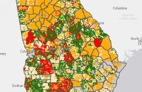 The preliminary State Fiscal Recovery Fund awards announced today are shown in red. Rural Digital Opportunity Fund award areas are shown in green. These two programs have been overlayed on Georgia’s Broadband Availability Map which depicts served census blocks in gold, unserved census blocks in light yellow, and areas with no locations in gray.