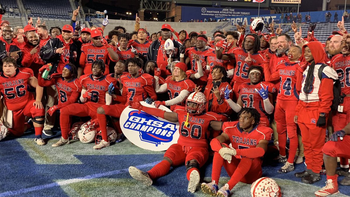 Members of the Brooks County Trojans football team celebrate their victory in the 2021 GHSA 1A Public Championship(Dominic Miranda/WCTV Sports)