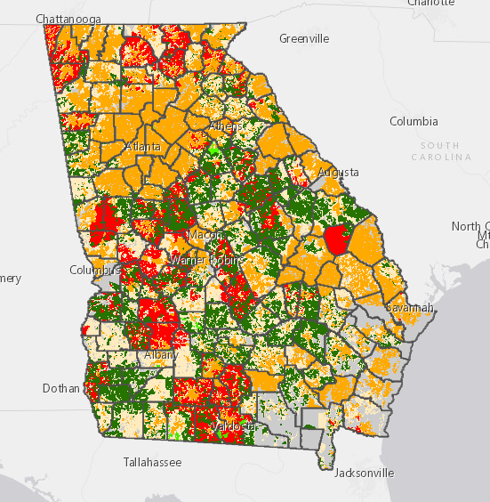 The preliminary State Fiscal Recovery Fund awards announced today are shown in red. Rural Digital Opportunity Fund award areas are shown in green. These two programs have been overlayed on Georgia’s Broadband Availability Map which depicts served census blocks in gold, unserved census blocks in light yellow, and areas with no locations in gray.